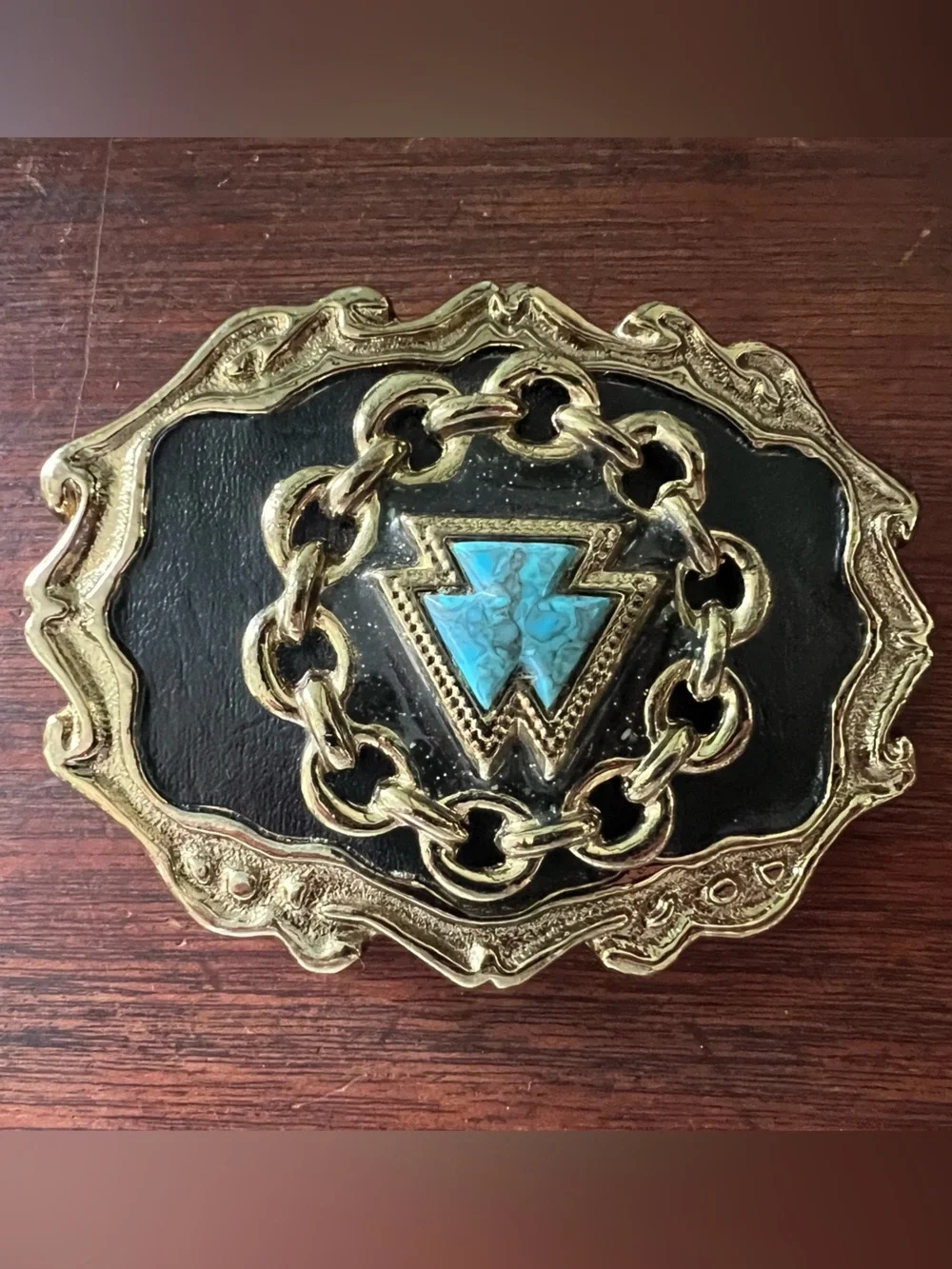 Vintage Southwestern Turquoise Inlay Belt Buckle Gold Tone - Western USA
